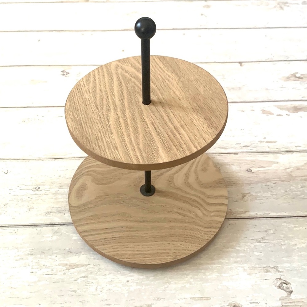 Treat Display 2 Tier Lazy Susan Wood Grain Double Layer Black Pole Turntable
